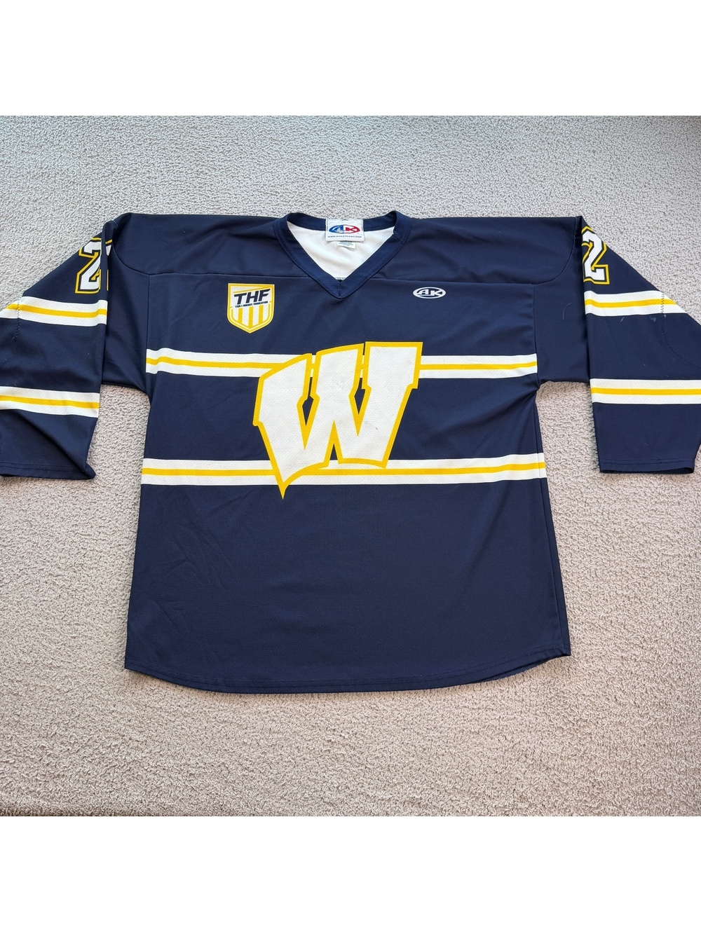 Athletic Knit Hockey Jersey Mens Large Navy Yellow Lepore 22 THF Made in Canada